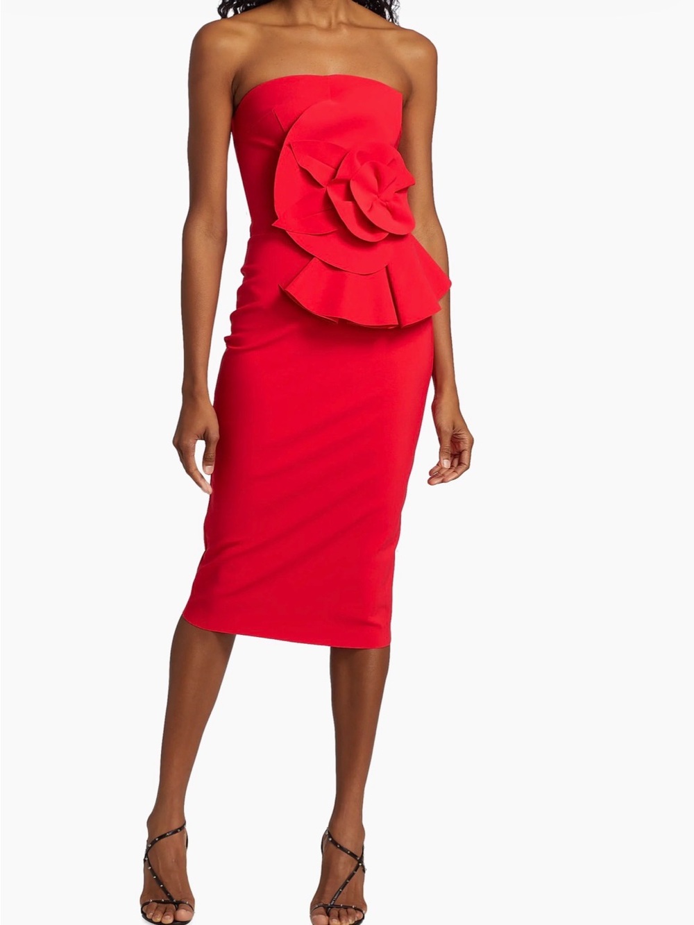 Strapless Red Midi Dress with Floral Peplum